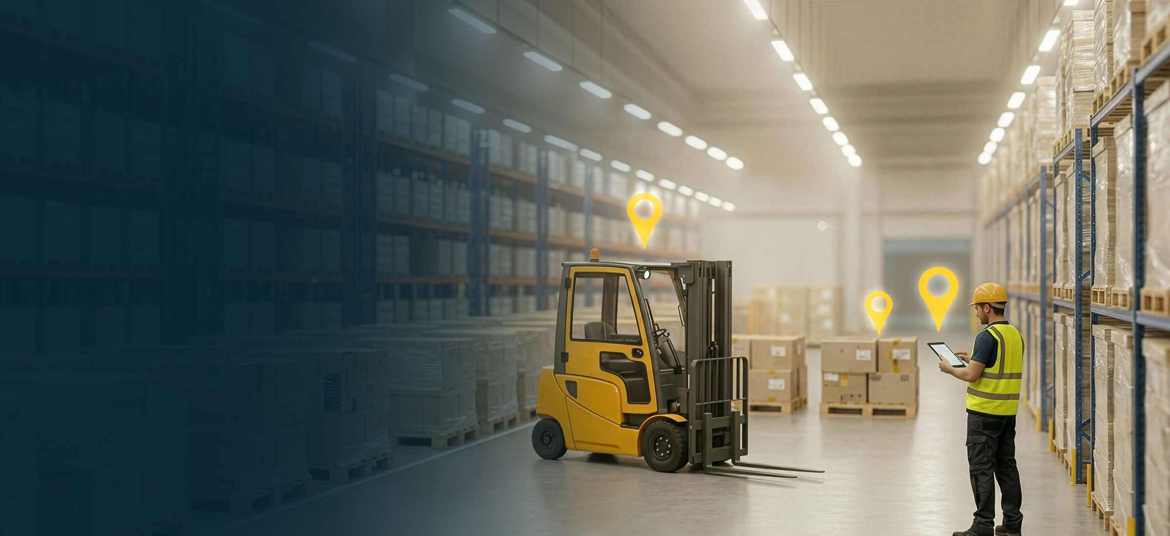 man and forklift in warehouse